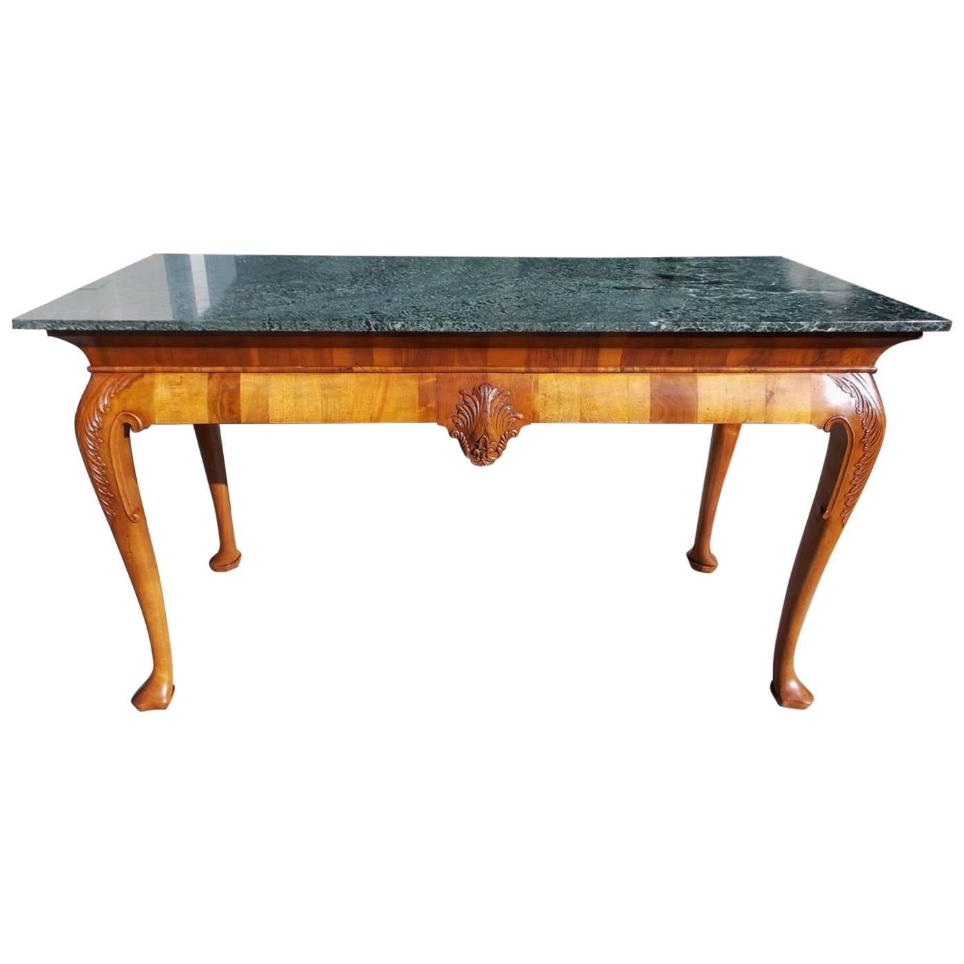 English Walnut Acanthus Carved Maurin Green Marble Top Console, Circa 1830