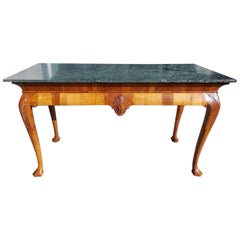 Antique English Walnut Acanthus Carved Maurin Green Marble Top Console, Circa 1830