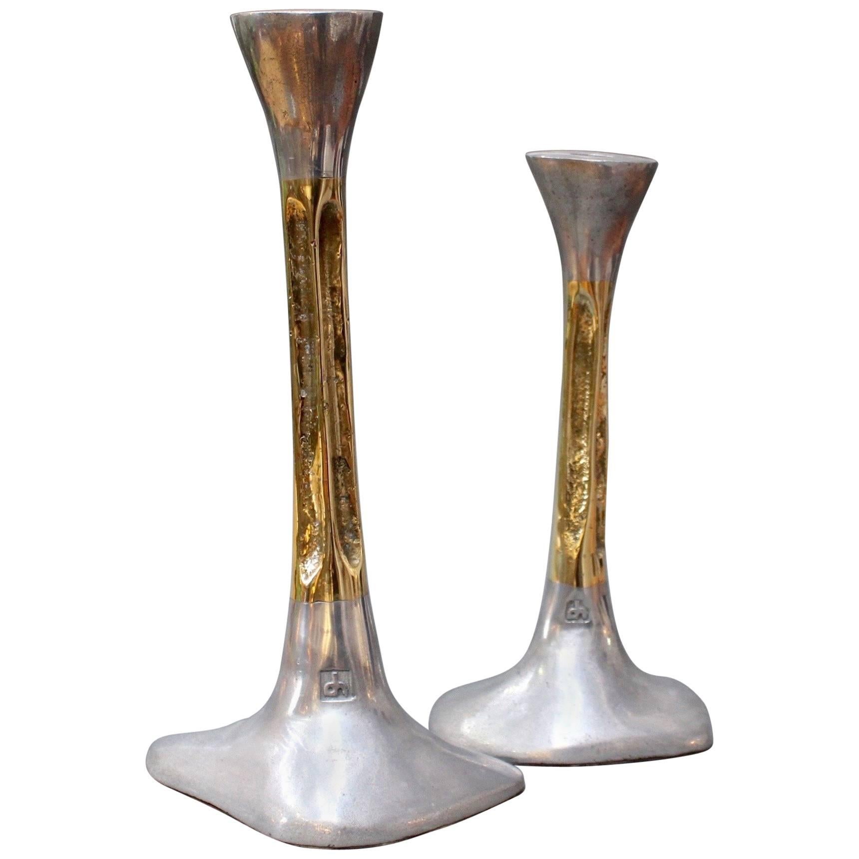 Pair of Brutalist Style Aluminium and Brass Candlesticks by David Marshall 1980s