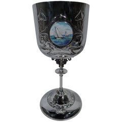 Tall Art Nouveau English Sterling Silver and Enamel Nautical Goblet