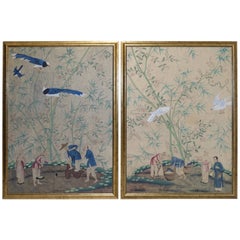 Pair of Hand Painted Chinese Wall Paper Panels