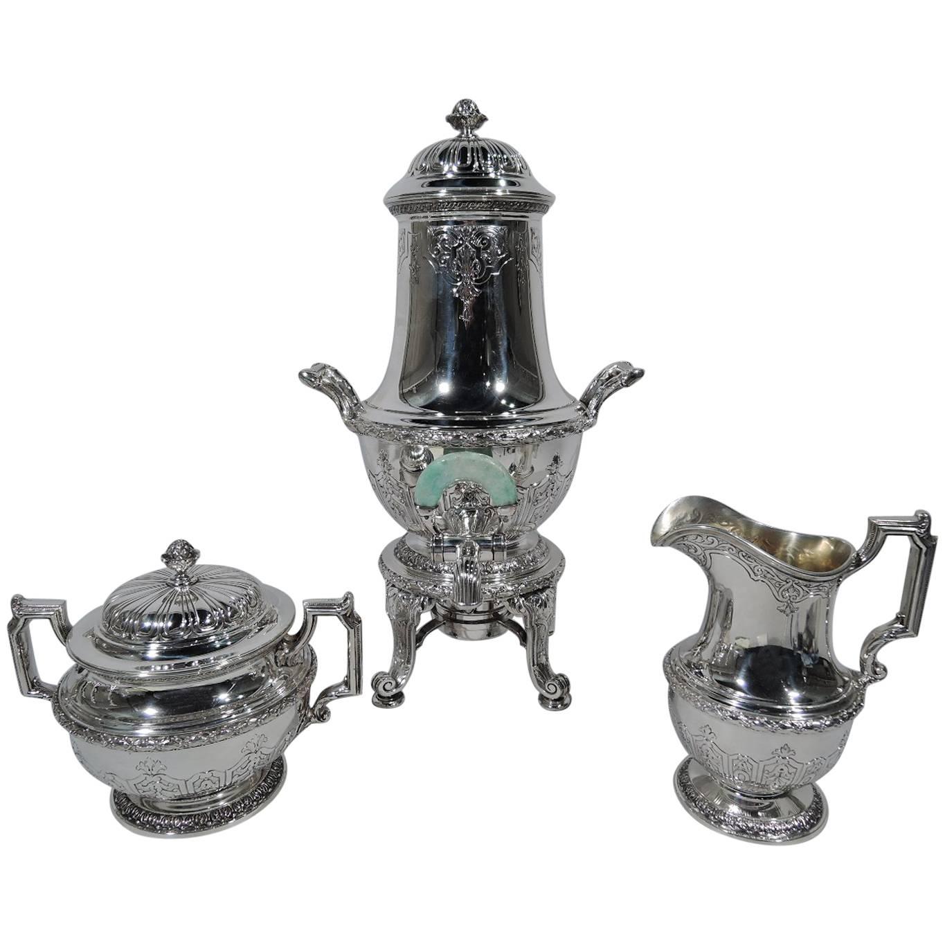 Antique Gorham Sterling Silver Tea Set with Jade-Mounted Urn