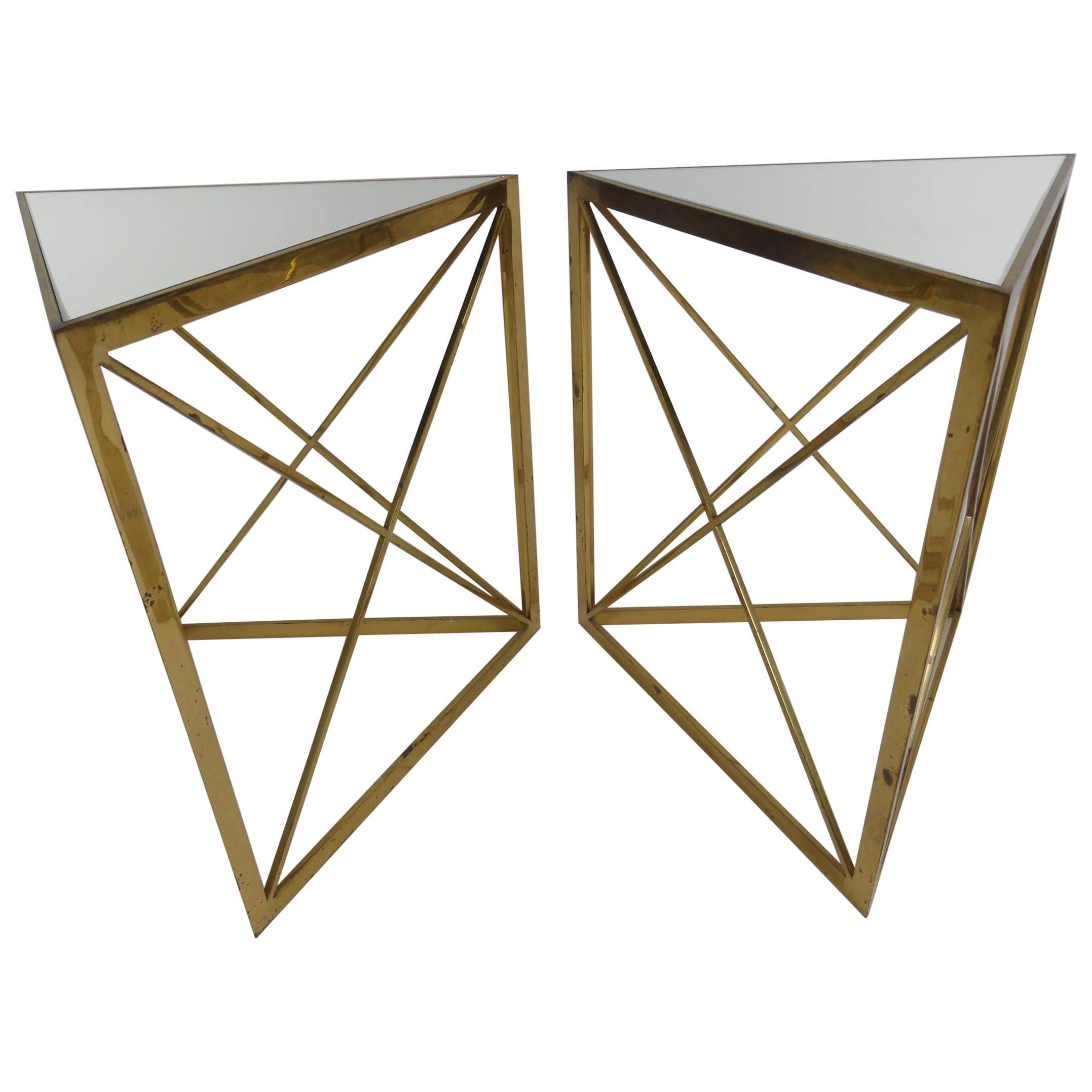 Pair of Solid Brass Midcentury Classic Triangle Tables For Sale