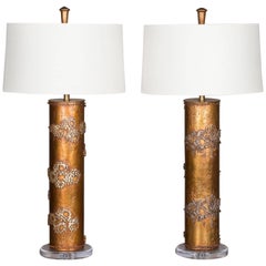 Pair of Vintage Marbro Wallpaper Cylinder Lamps USA, circa 1960