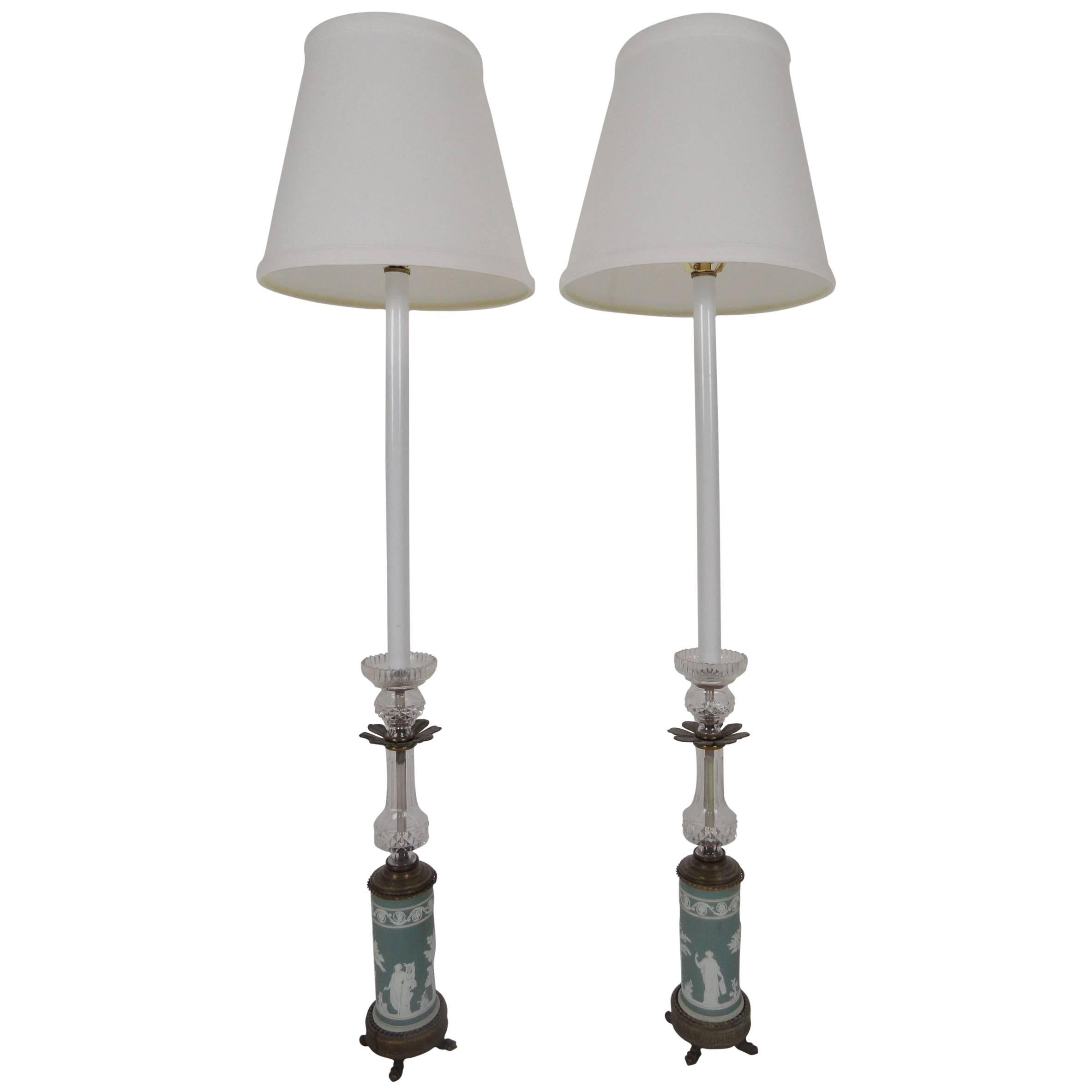 Pair of 20th Century Wedgewood Style Candlestick Lamps For Sale