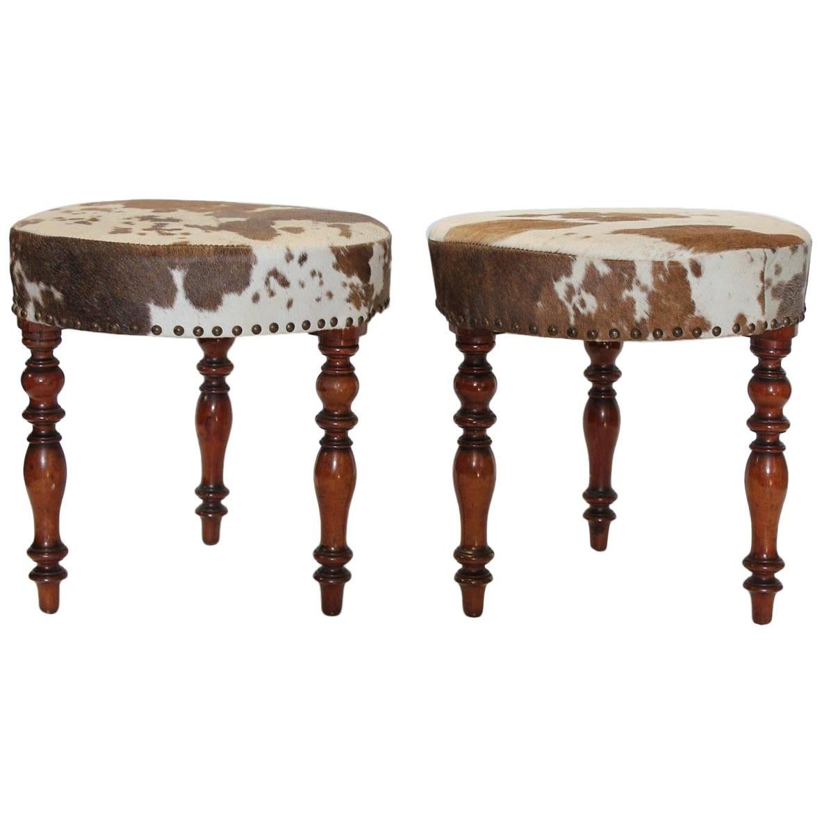 Antique English Cowhide and Wood Stools For Sale