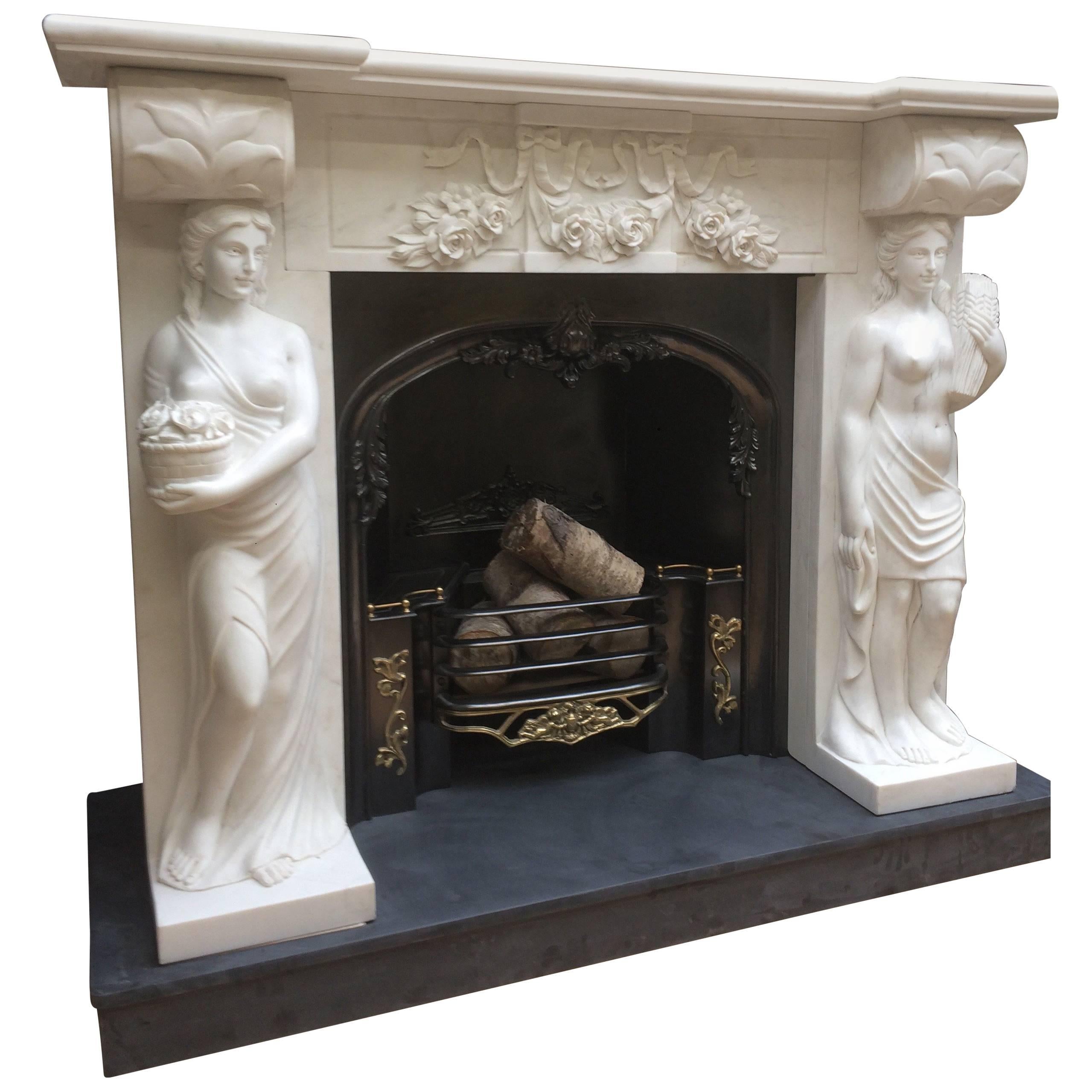 Period Statuary Marble Fireplace Surround & Cast Iron Insert