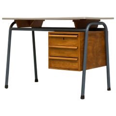 Midcentury Dutch School Desk with Blue Metal Legs