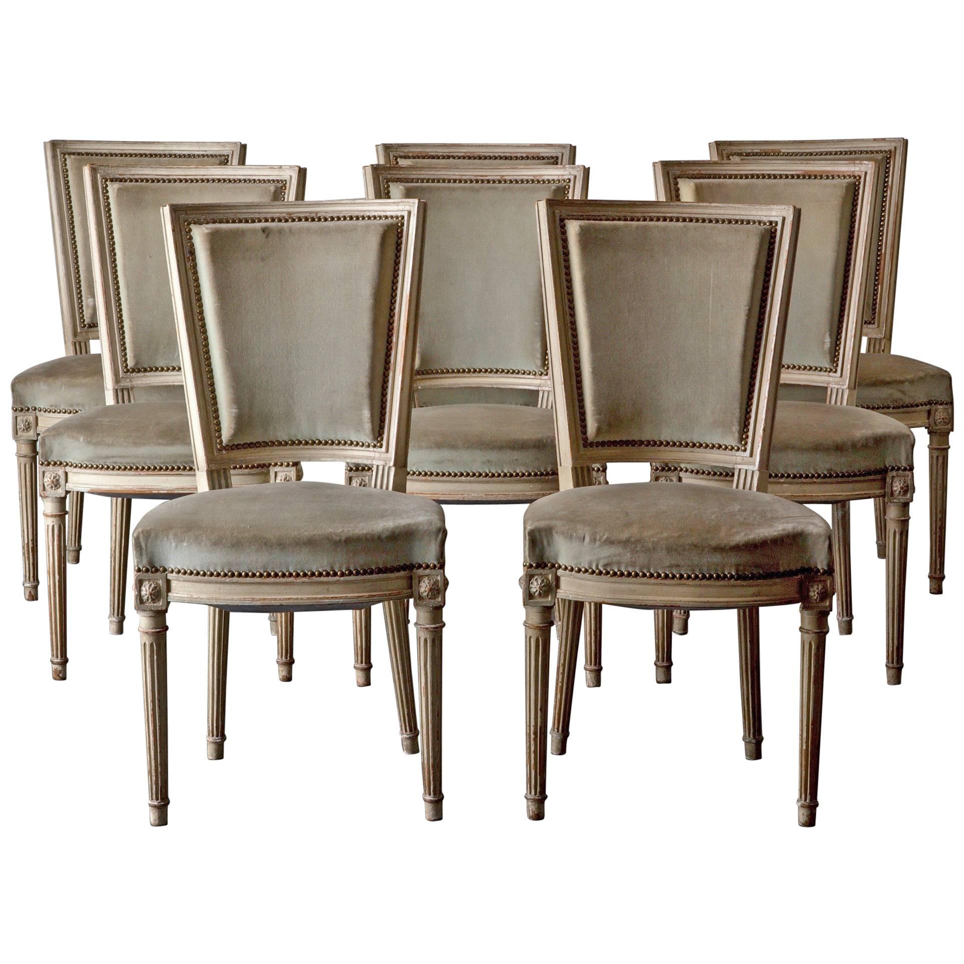 Chairs Dining Set of Eight French Louis XVI Neoclassical White Frame France
