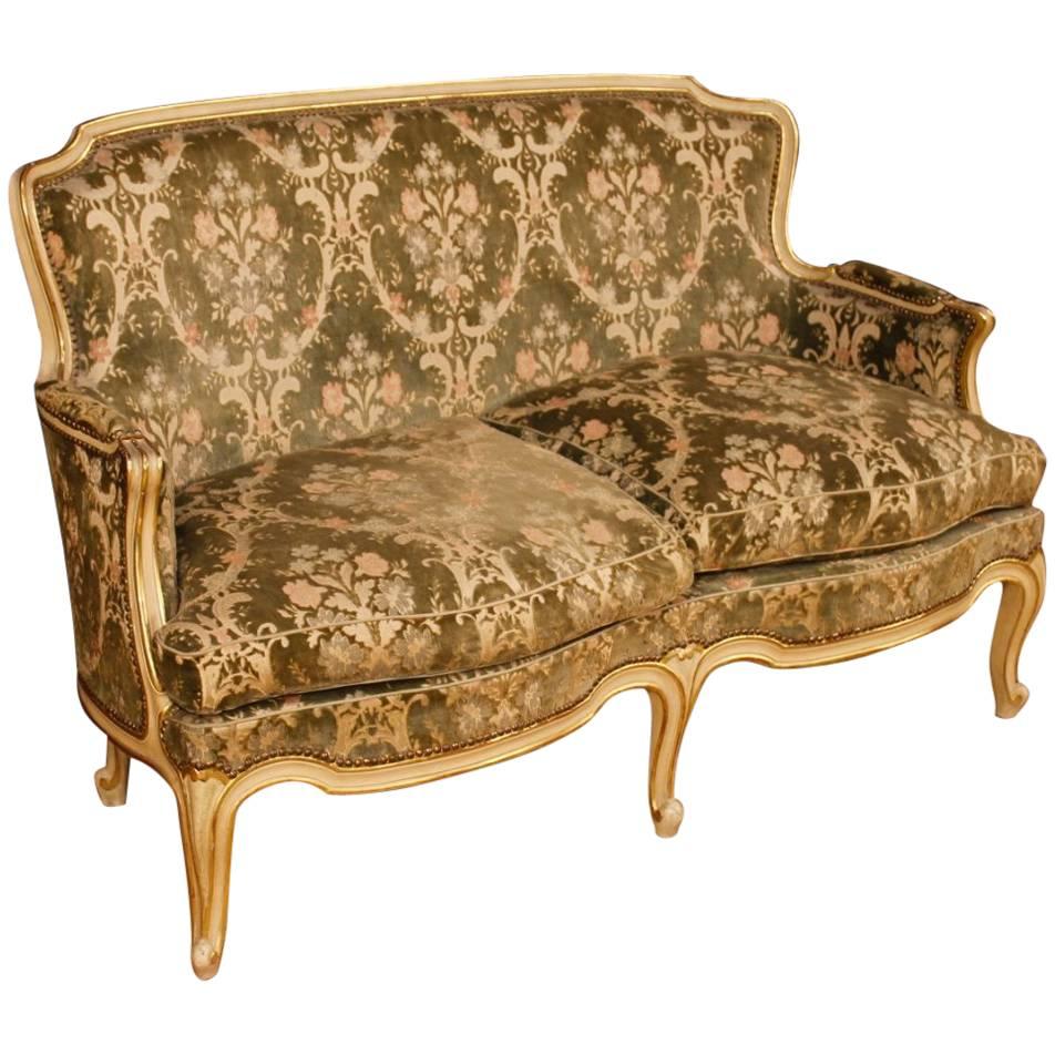 Italian Sofa in Lacquered and Gilt Wood in Damask Velvet 20th Century