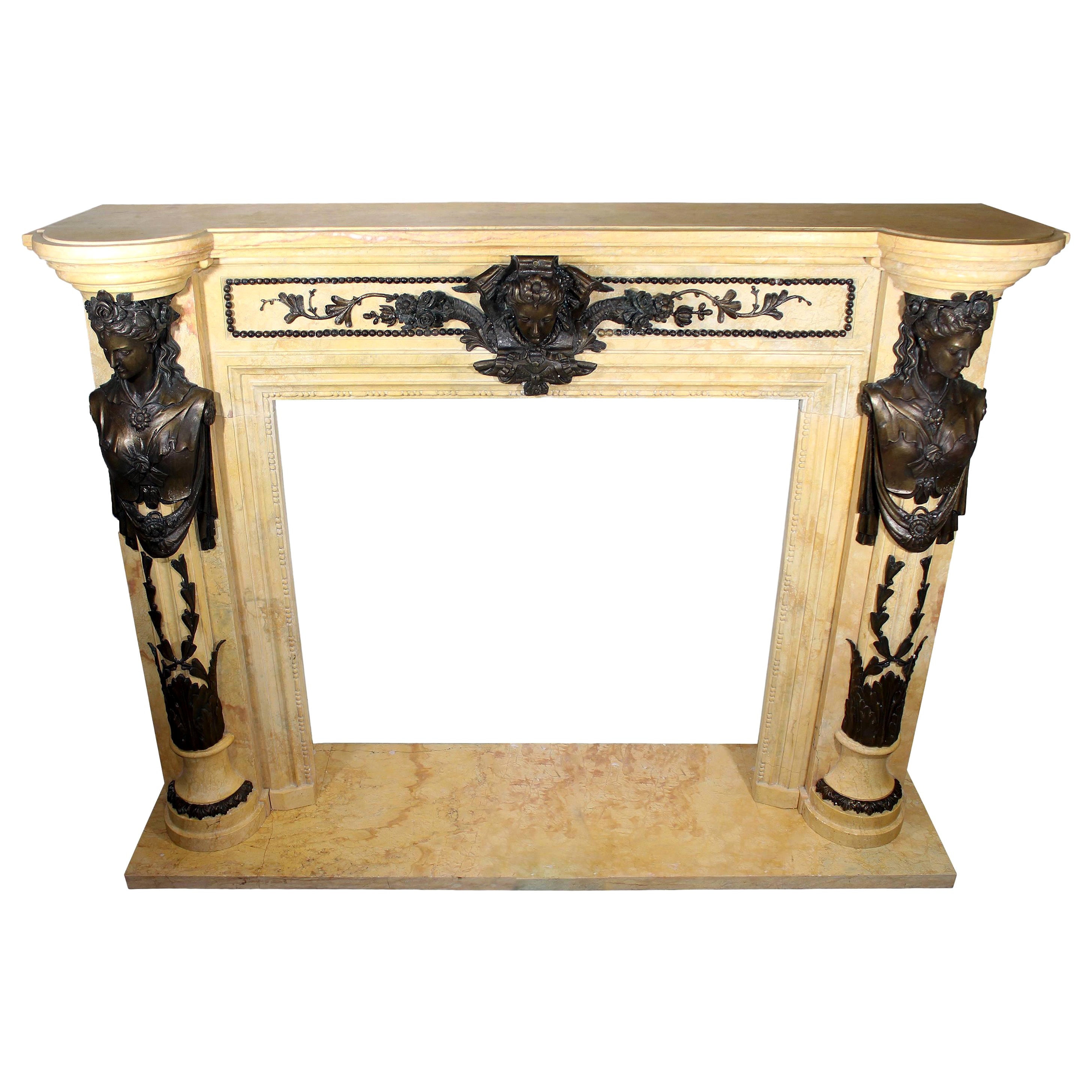 Regency Style Egyptian Marble Fireplace Mantel with Bronze Ornaments For Sale