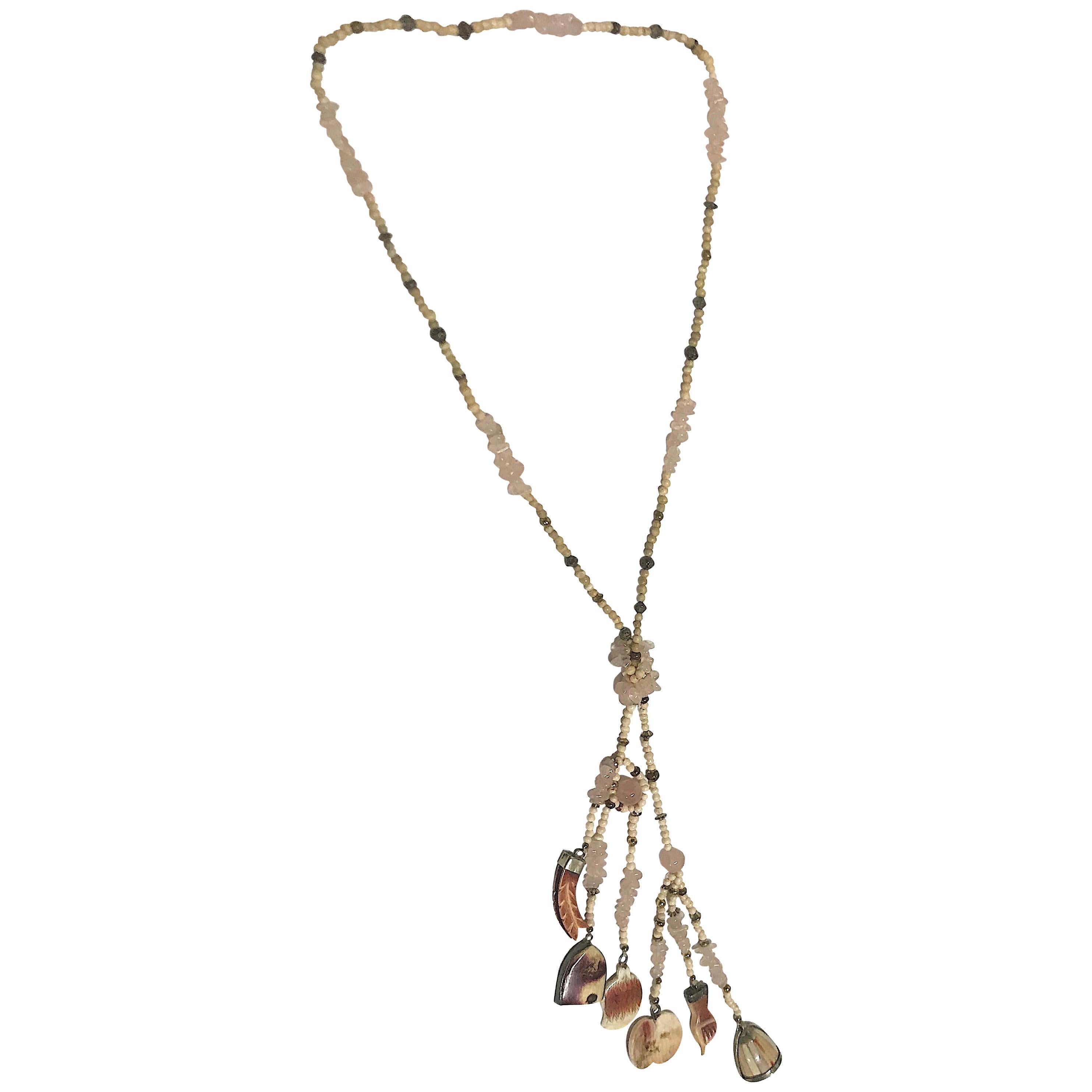 Horn Silver Charms Lariat Tassel Necklace im Angebot