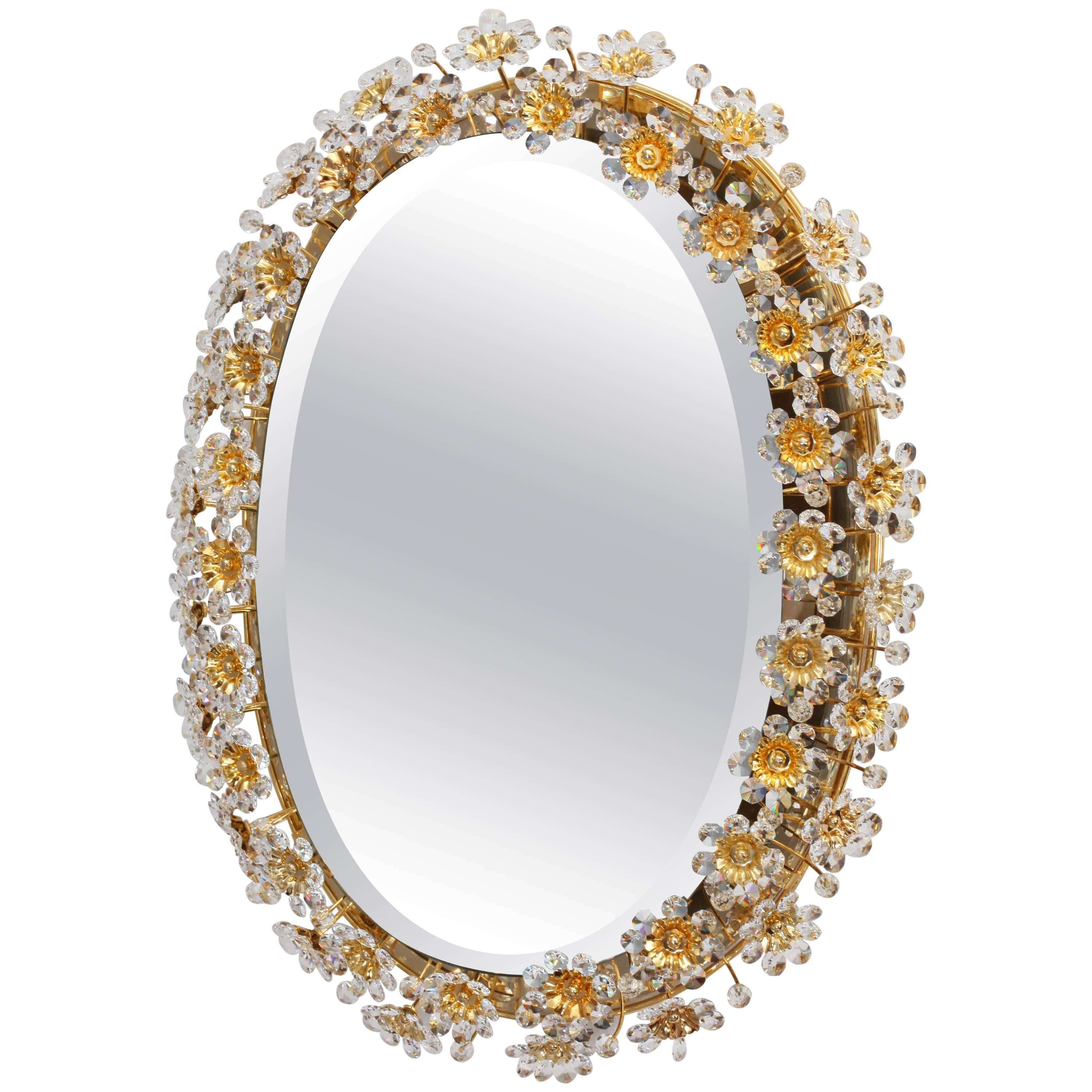 Round Gilt Faceted Crystal Glass Flower Backlit Mirror by Palwa, Germany