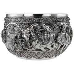 Antique 20th Century Monumental Burmese Solid Silver Thabeik Bowl, Rangoon, circa 1900