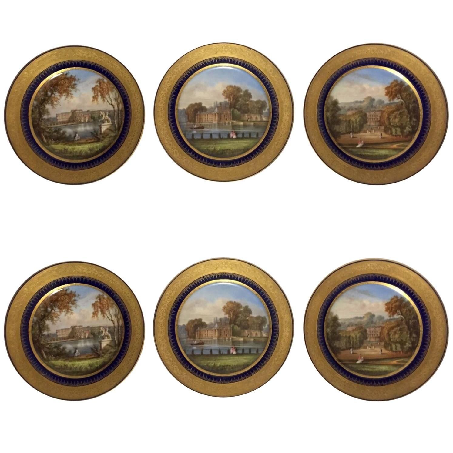 Set of Six Sèvres Porcelain Cabinet Plates with Varying French Castle Scenes For Sale