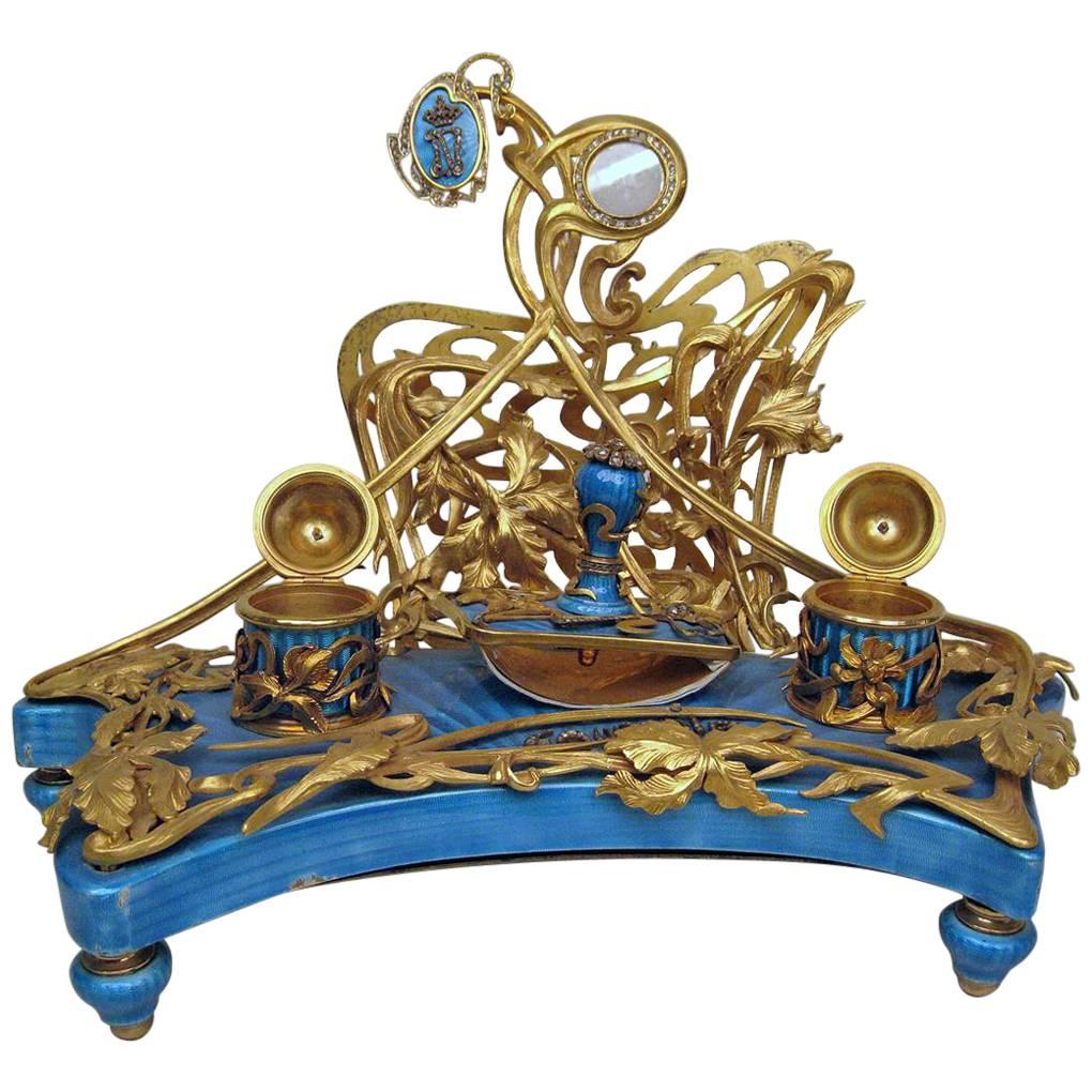 Russian Antique Desk Set in Guilloche Enamel with Diamonds For Sale