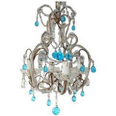 French Petit Beaded Blue Murano Drops Chandelier, circa 1920