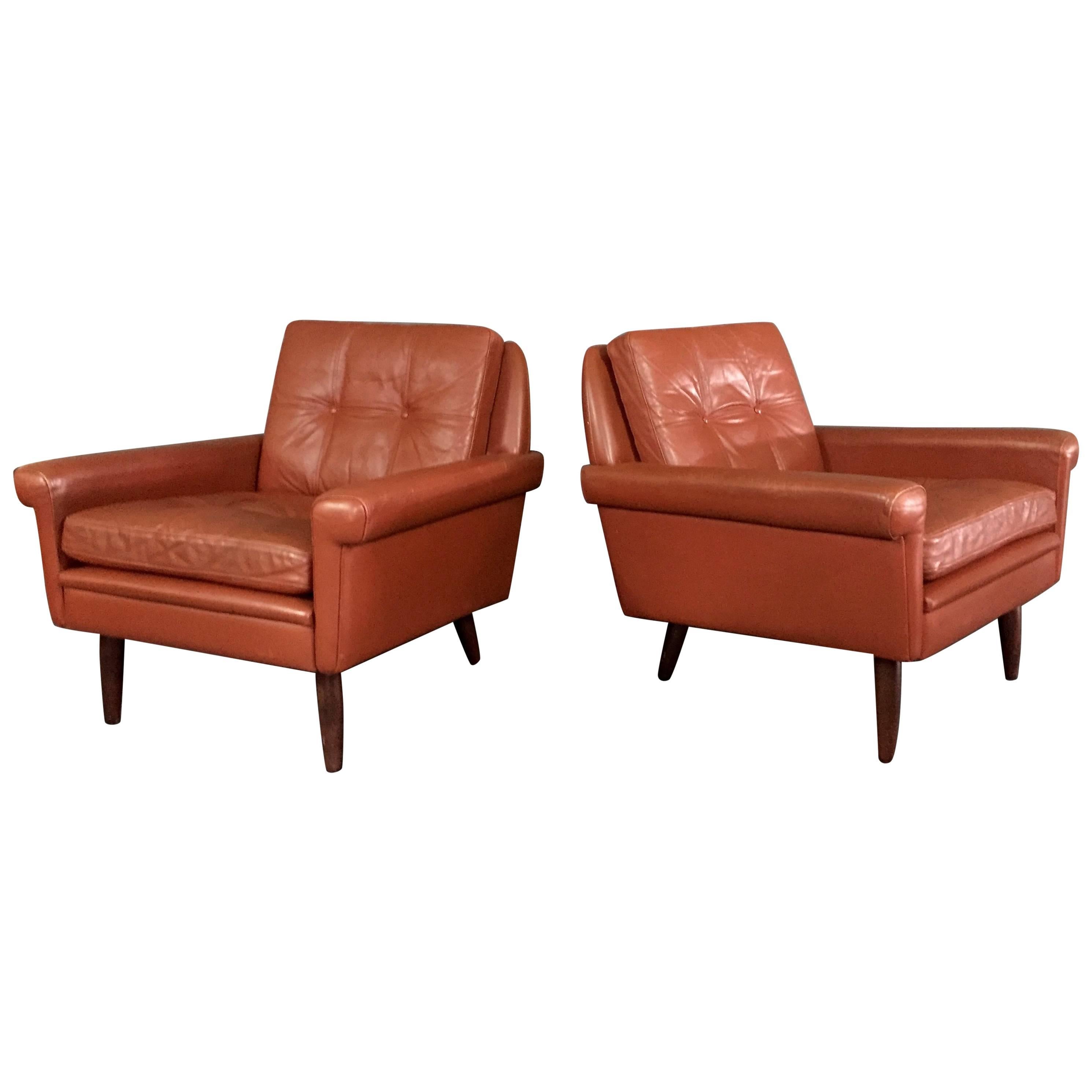 Pair 1960s Danish Leather Lounge Chairs For Sale