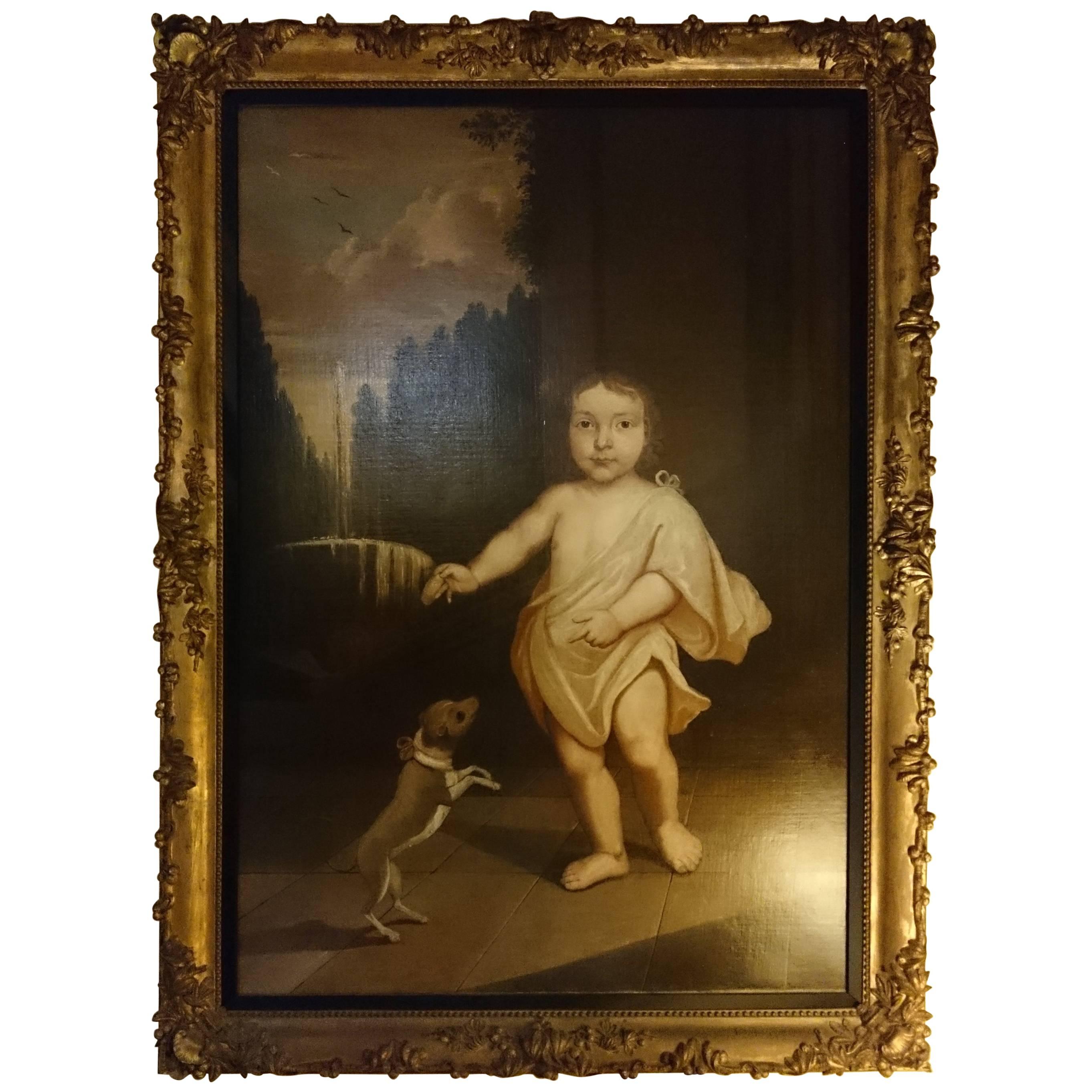 18th Century Antique Oil Painting Primitive Aristctratic Child with Dog For Sale