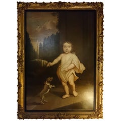 18th Century Antique Oil Painting Primitive Aristctratic Child with Dog