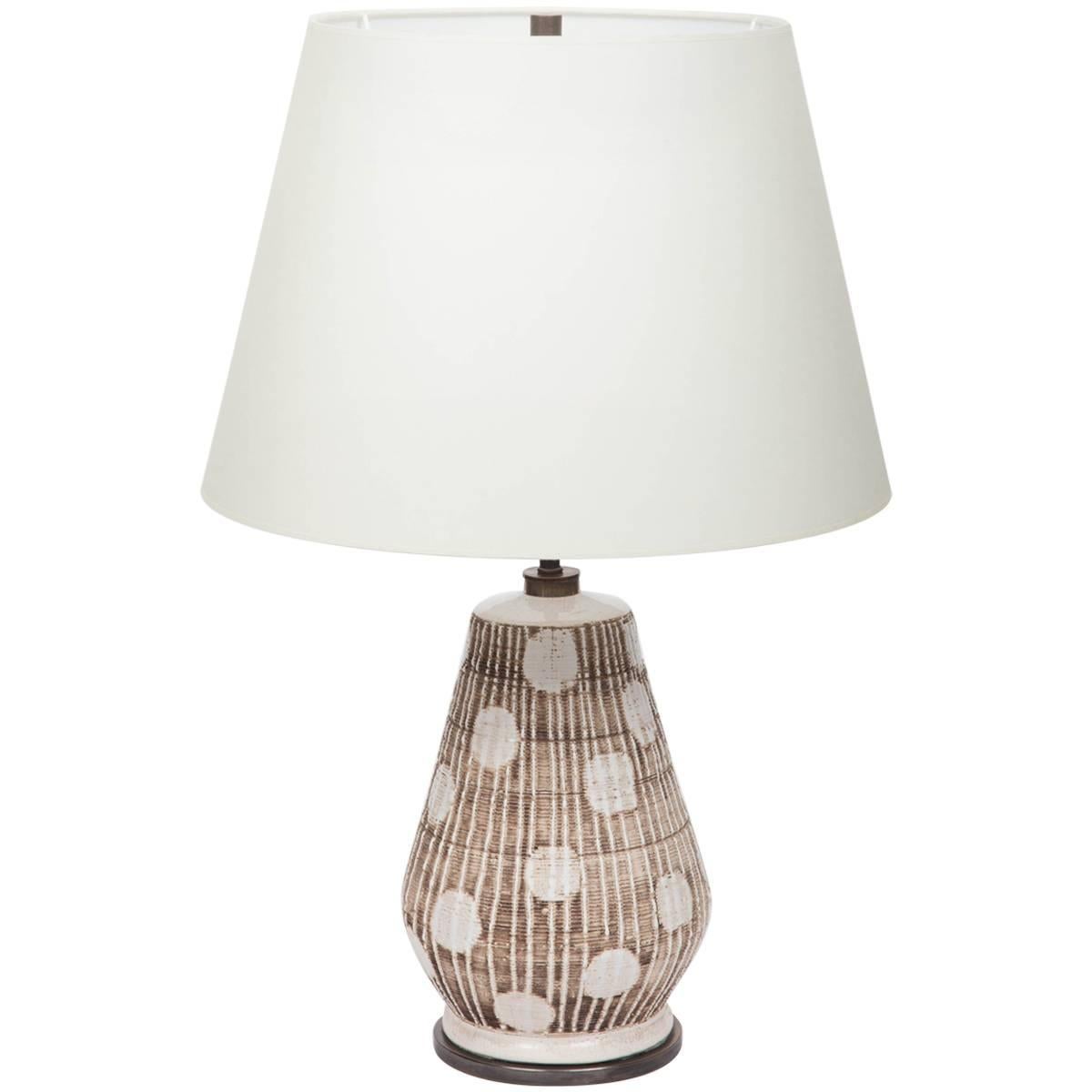 Ceramic Table Lamp in Brown and White with Graphic Dots