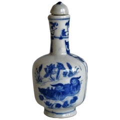 Retro Chinese Porcelain Snuff Bottle Blue and White Mandarin Ducks signed, circa 1930