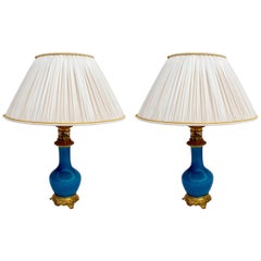 Pair of Turquoise Blue Crackle Porcelain Lamps, circa 1880