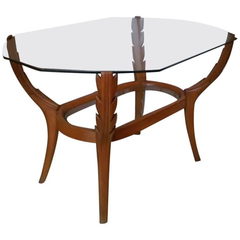 Coffee table, beech wood, top in glass, 1950 circa, Italy For Sale