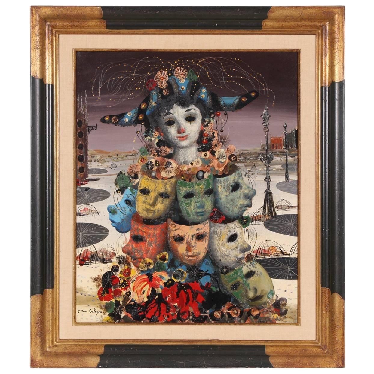 Jean Calogero, Surreal Fantasy Painting of Venetian Masks For Sale