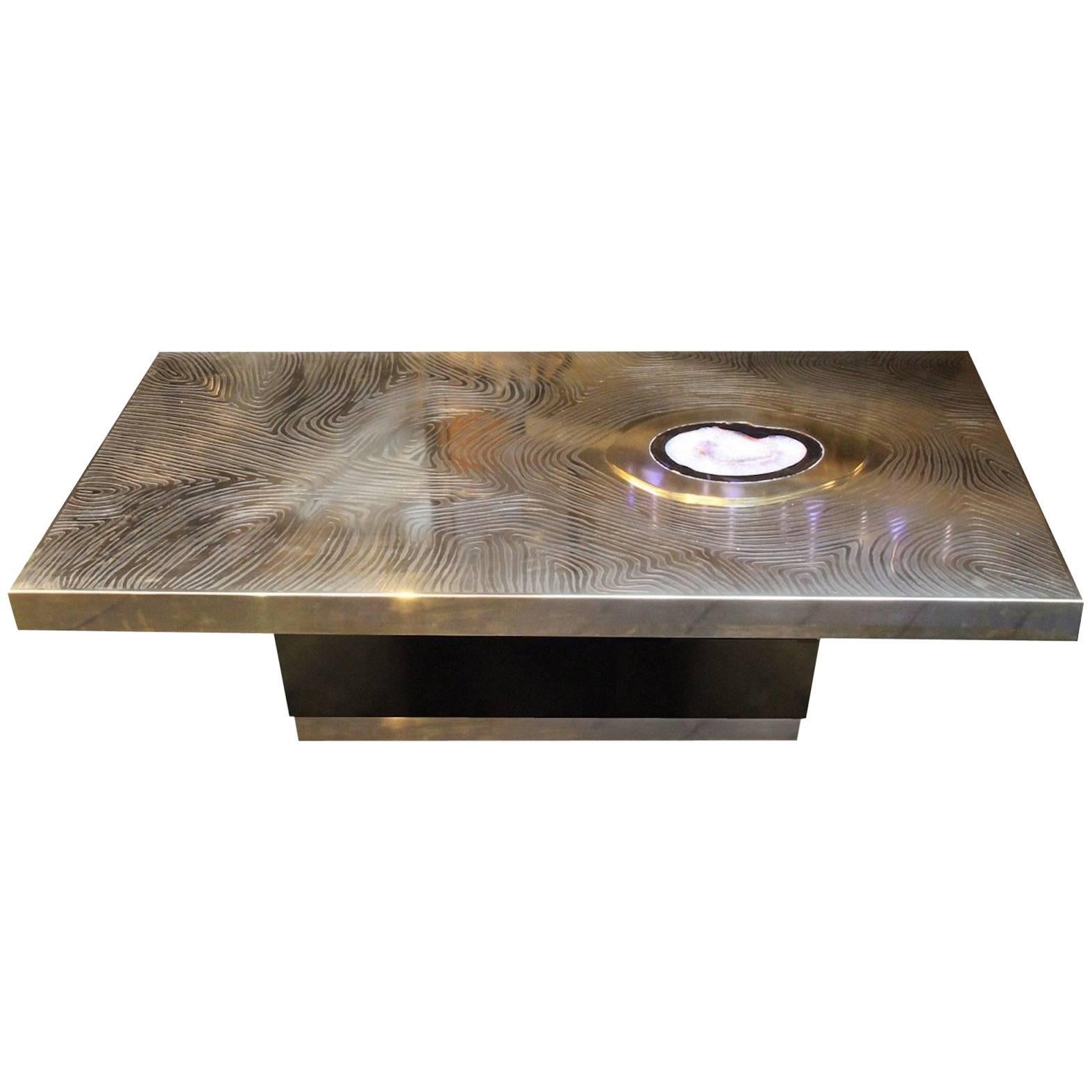 Willy Daro Style Rectangular Coffee Table in Brass and Agate Stone Inlay For Sale