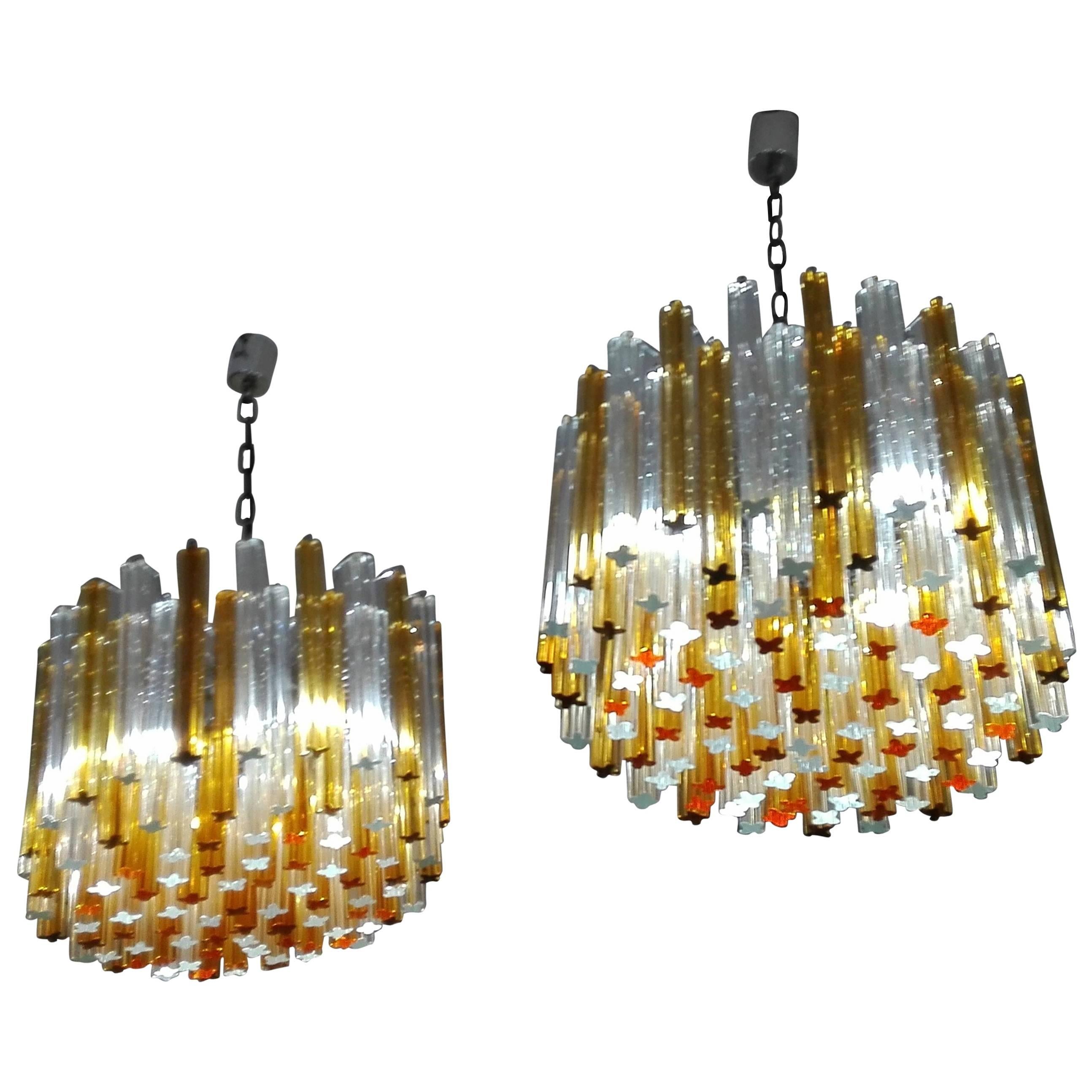 Pair of Midcentury Italian Chandeliers by Venini with Waterfall Prisms