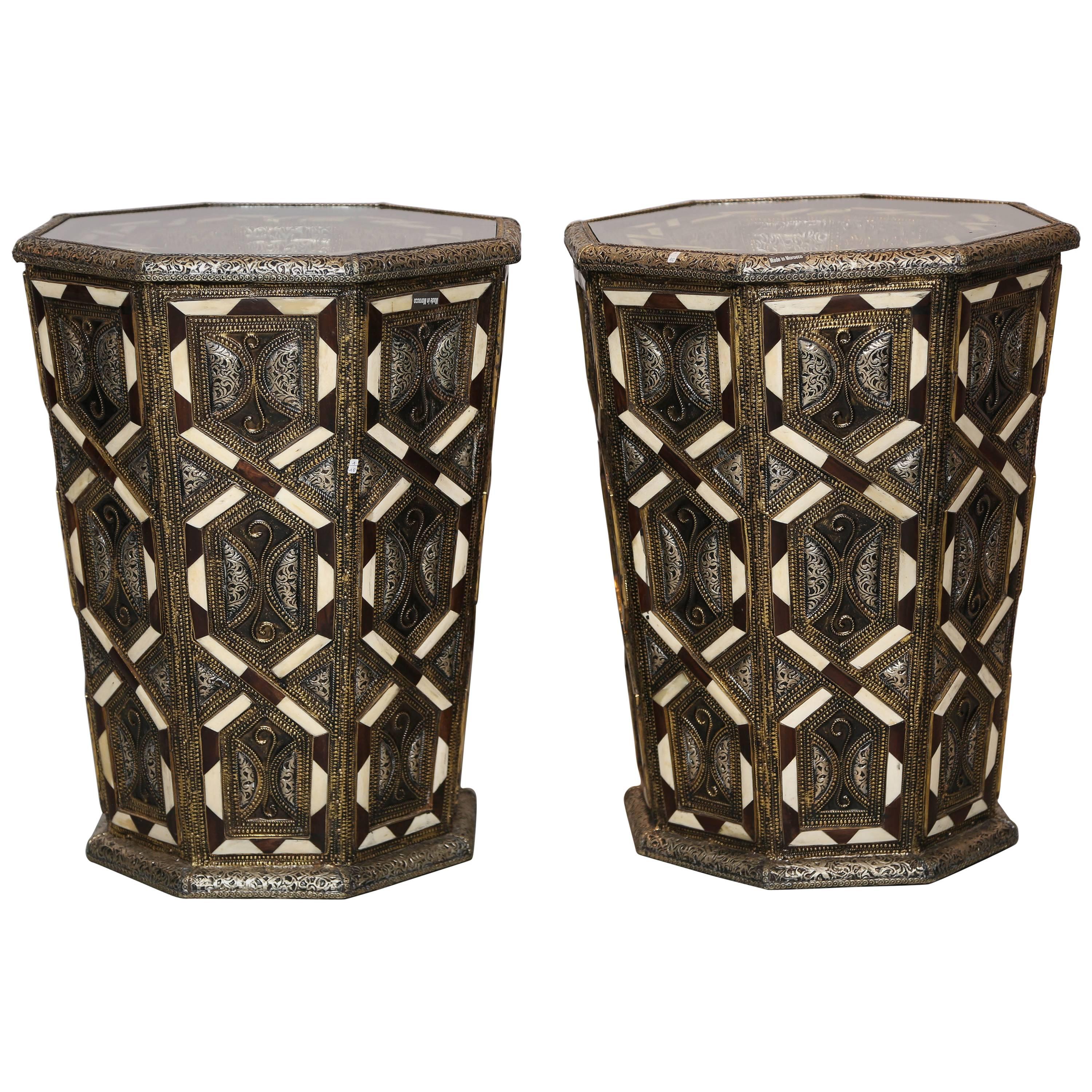 Moroccan Side Tables, Handcrafted in Morocco, metal and Faux Bone Inlay For Sale