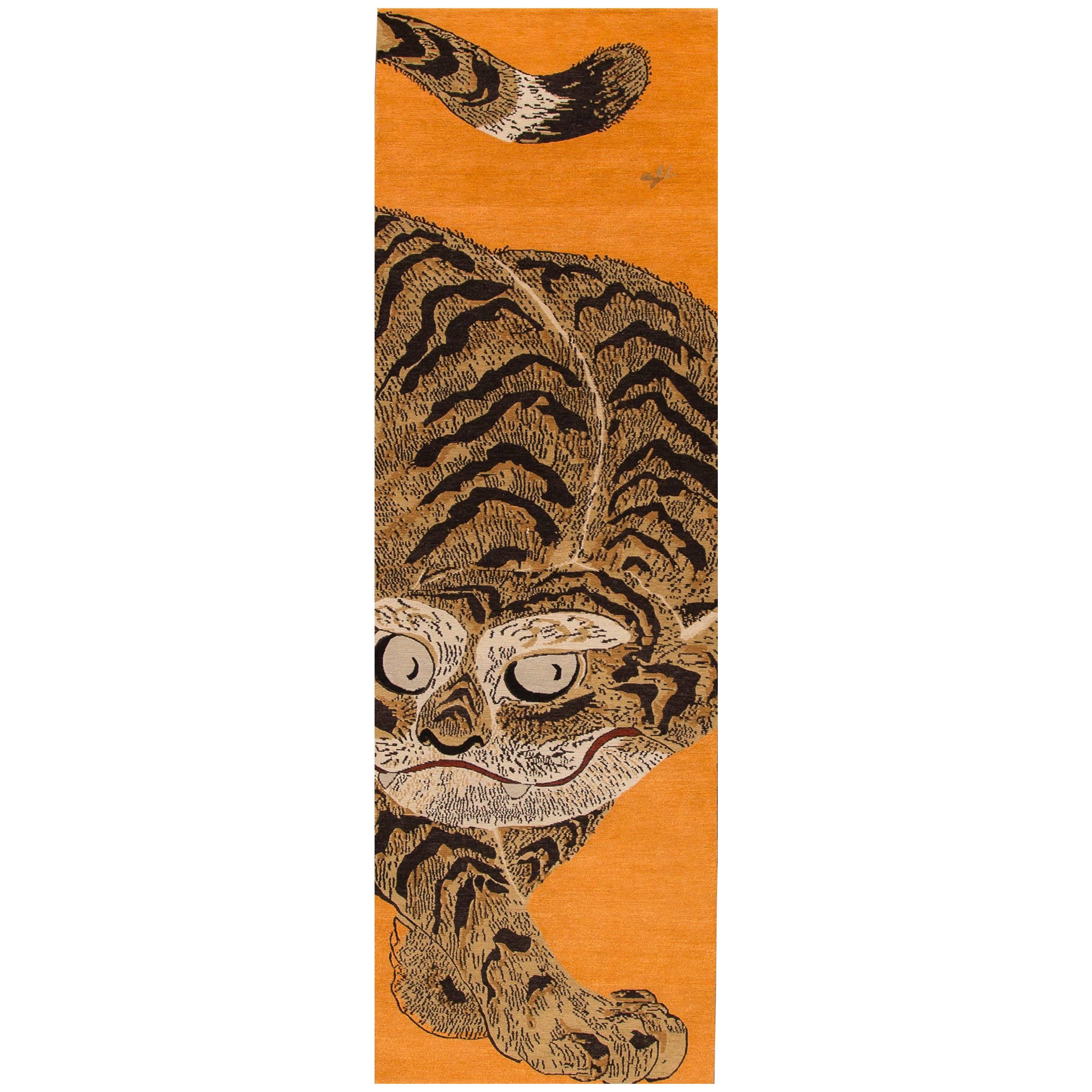 21st Century Contemporary Tibetan Orange Pictorial Tiger Rug
