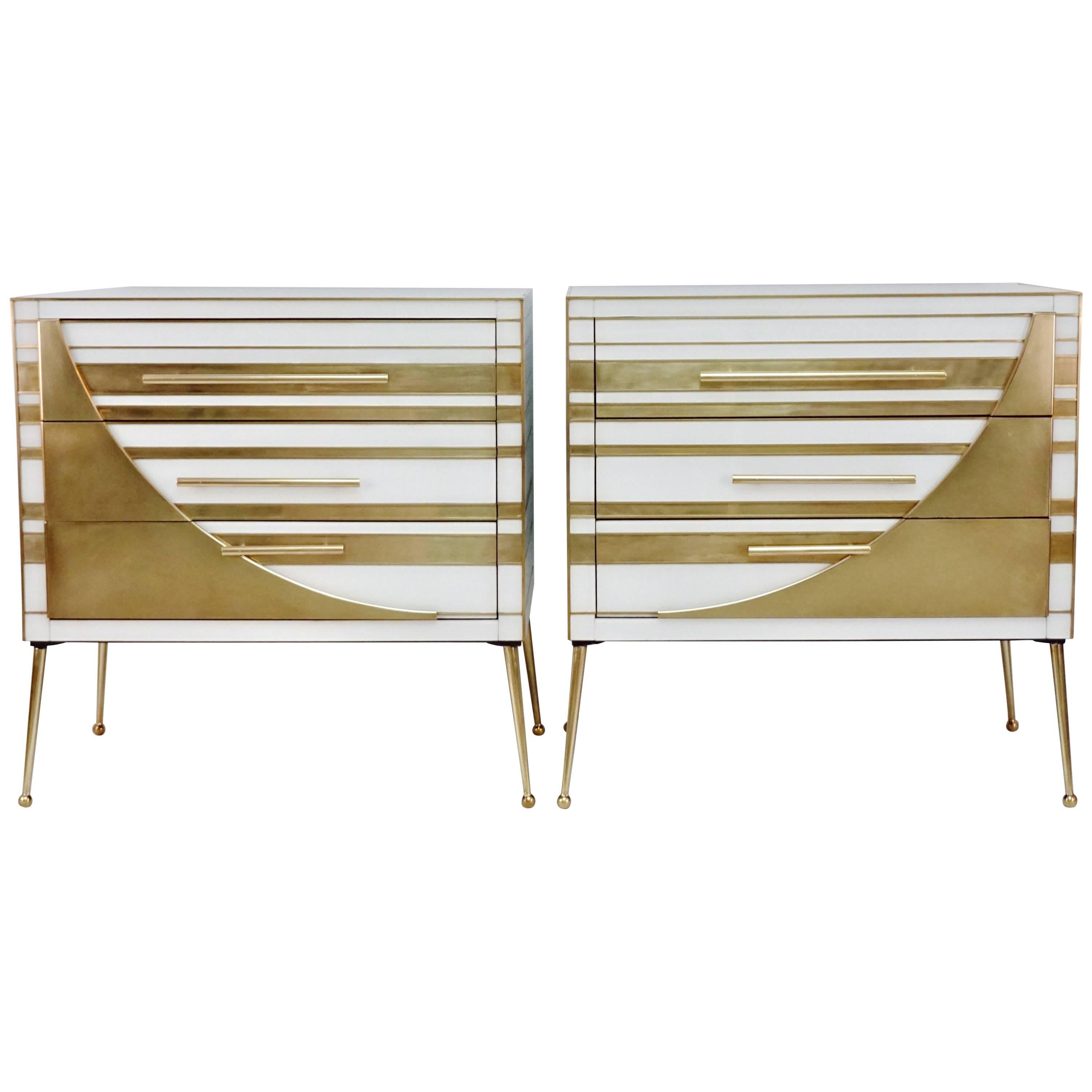 Contemporary Italian Pair of Gold Brass and White Cream Glass Chests Side Tables