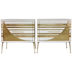 Contemporary Italian Pair of Gold Brass and White Cream Glass Chests Side Tables