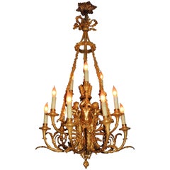 Antique Louis XVI Doré Bronze Blue Enamel Cherub Putti Trumpet Nine-Light Chandelier