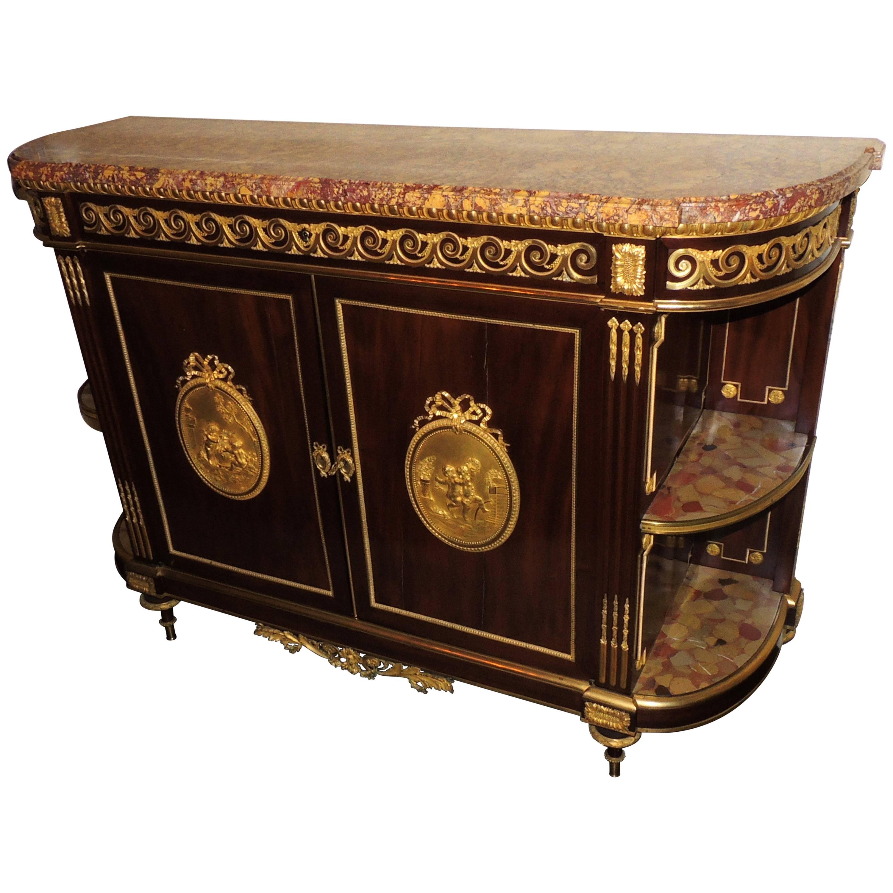 Französisches Demilune-Konsolenschrank/ Sideboard mit Marmorplatte aus Bronze und Goldbronze, Louis XVI.-Stil