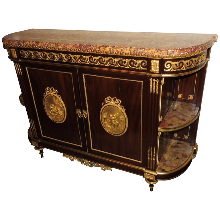 Louis Xvi Marble Top French Bronze Ormolu Demilune Console Cabinet