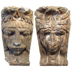 Antique Pair of Male and Female Plaster Corbels