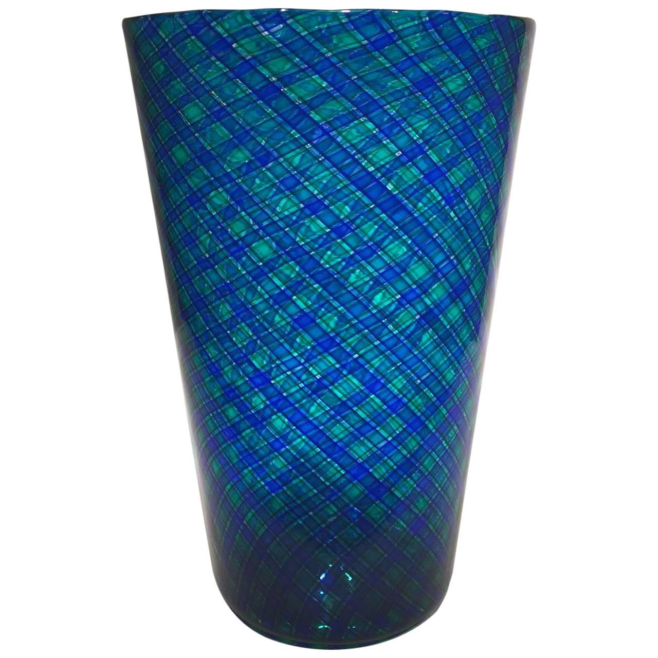 VENINI Large Murano Glass Blue and Green Large Vase circa 1970 For Sale