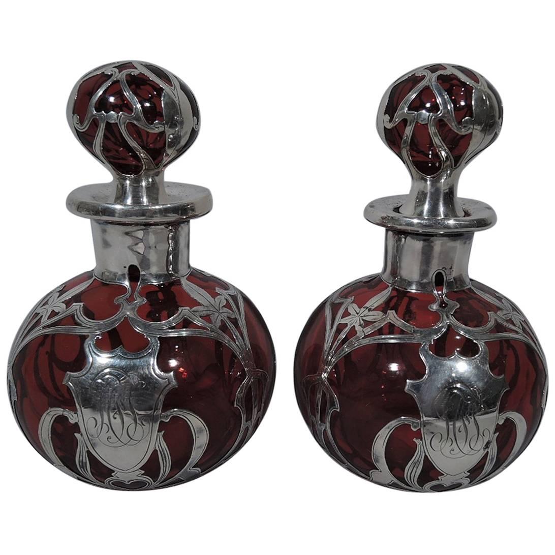 Pair of Gorham Art Nouveau Silver Overlay Red Glass Perfumes