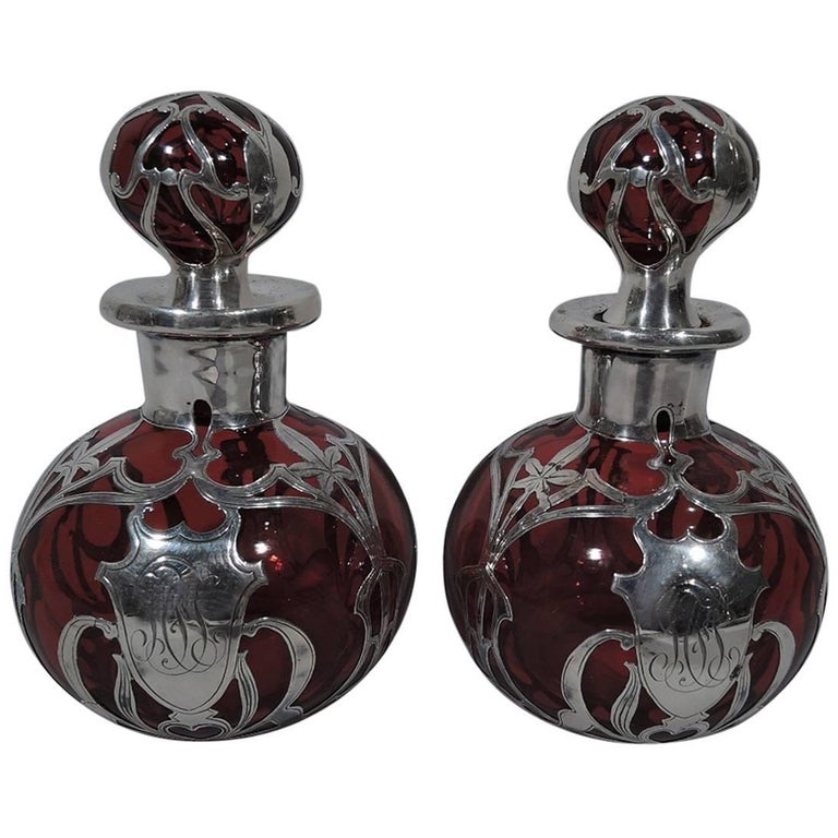 Pair of Gorham Art Nouveau Silver Overlay Red Glass Perfumes For Sale