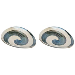 Organic Pair of Italian Pearl White Murano Glass Bowls with Aqua Blue Murrrine