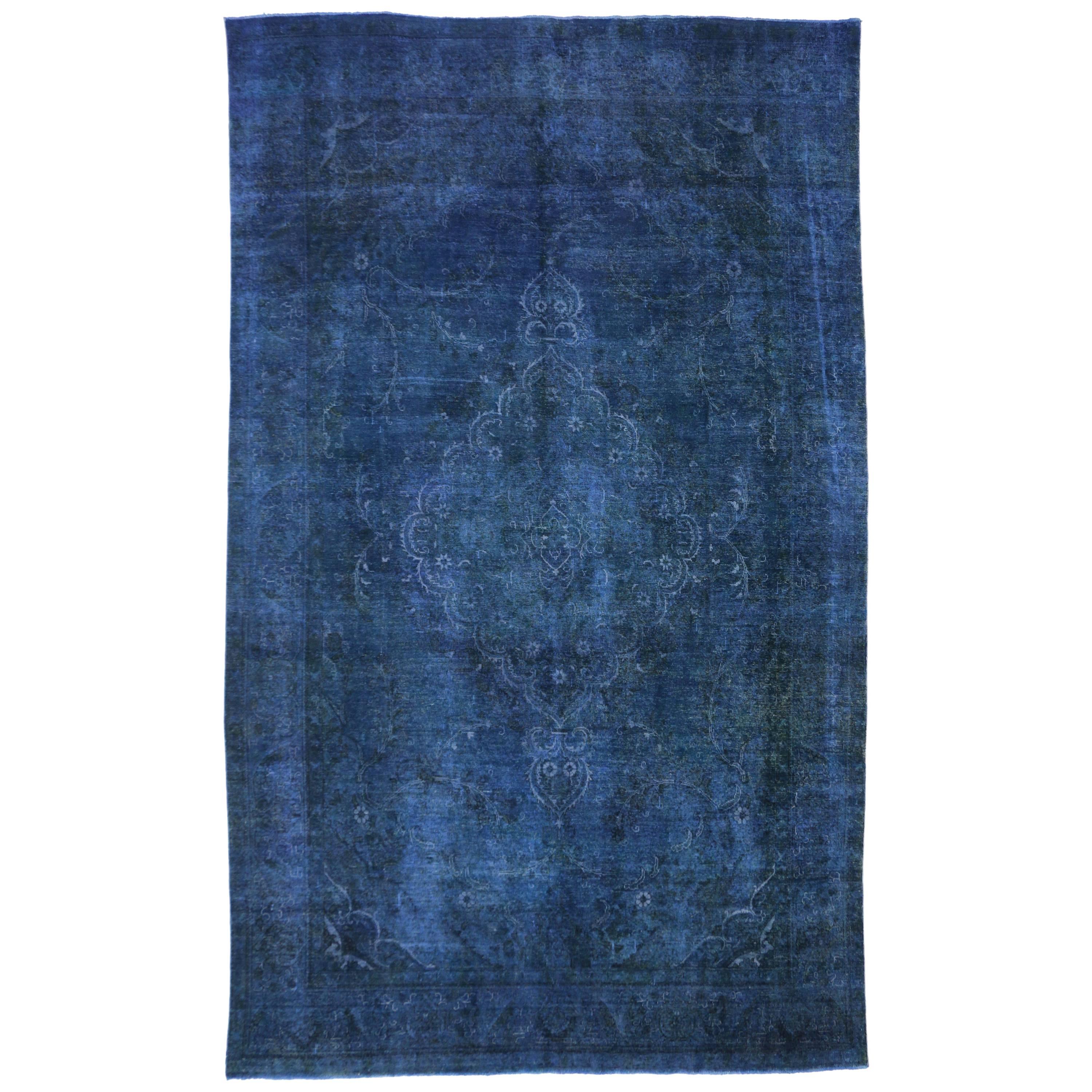 Distressed Blue Overdyed Vintage Persian Rug, Blue Persian Gallery Rug