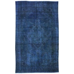 Distressed Blue Overdyed Retro Persian Rug, Blue Persian Gallery Rug