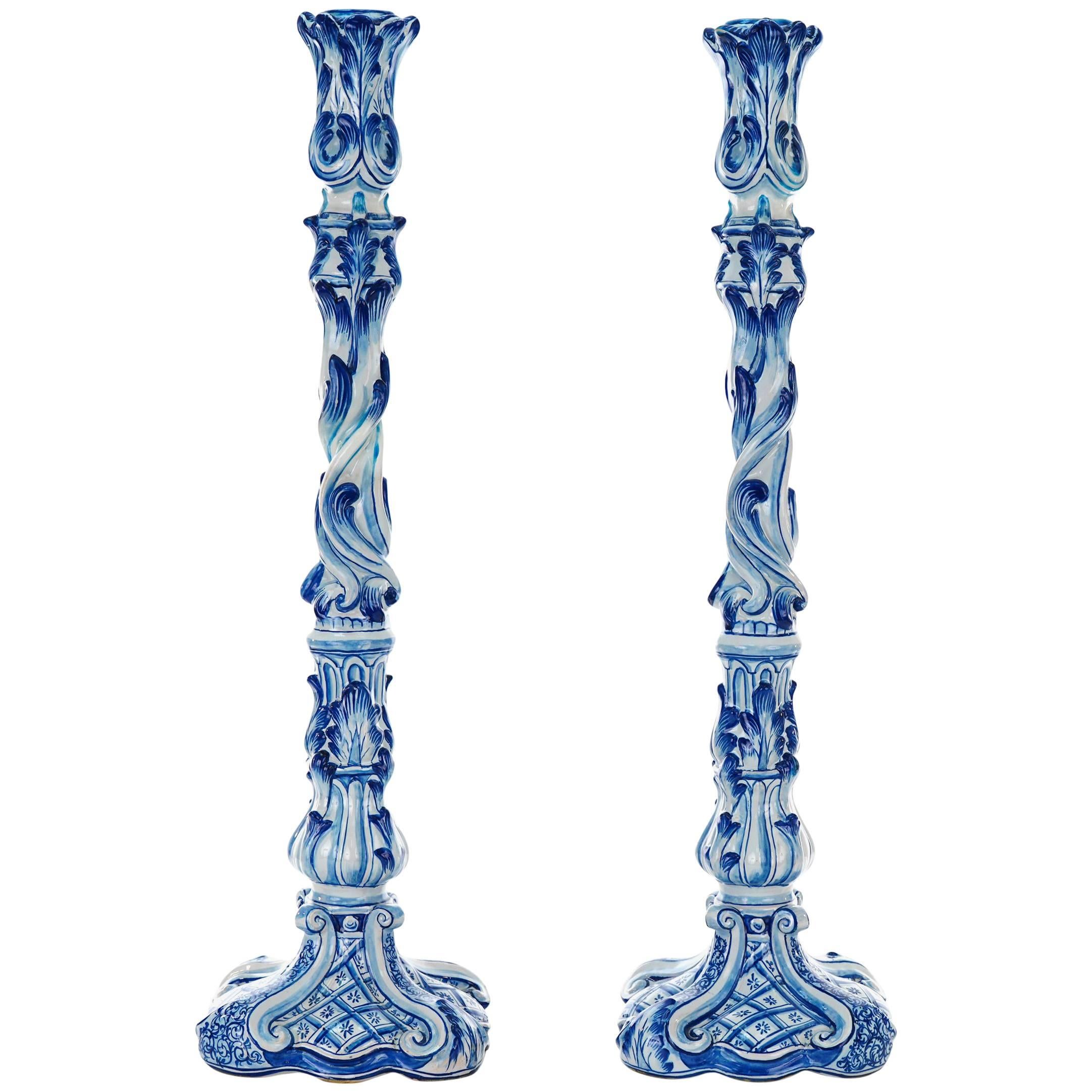 Spectacular 28 inch Tall Pair of Blue Faience Candlesticks c1913 France