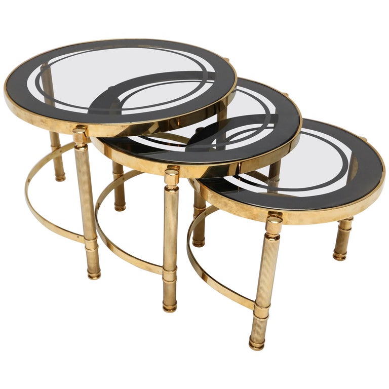 Set of Three Brass Nesting Tables with Smoked Glass Tops For Sale at