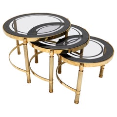 Set of Three Round Brass Nesting Tables with Smoked Glass Tops