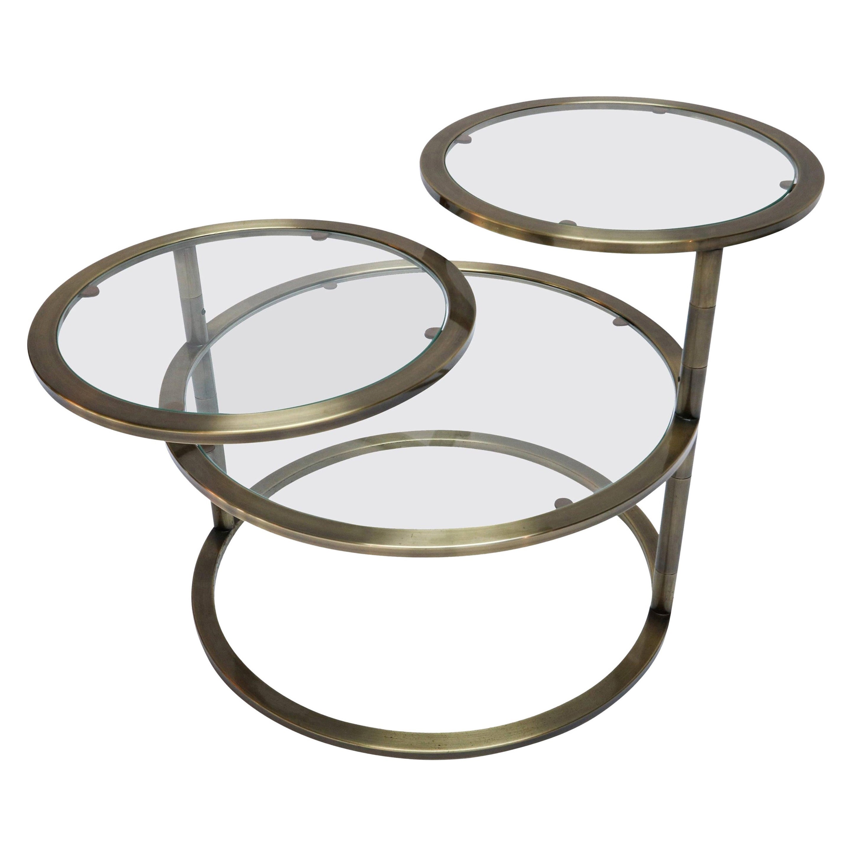 Three-Tiered Brass Coffee / Side Table with Adjustable Round Glass Shelves