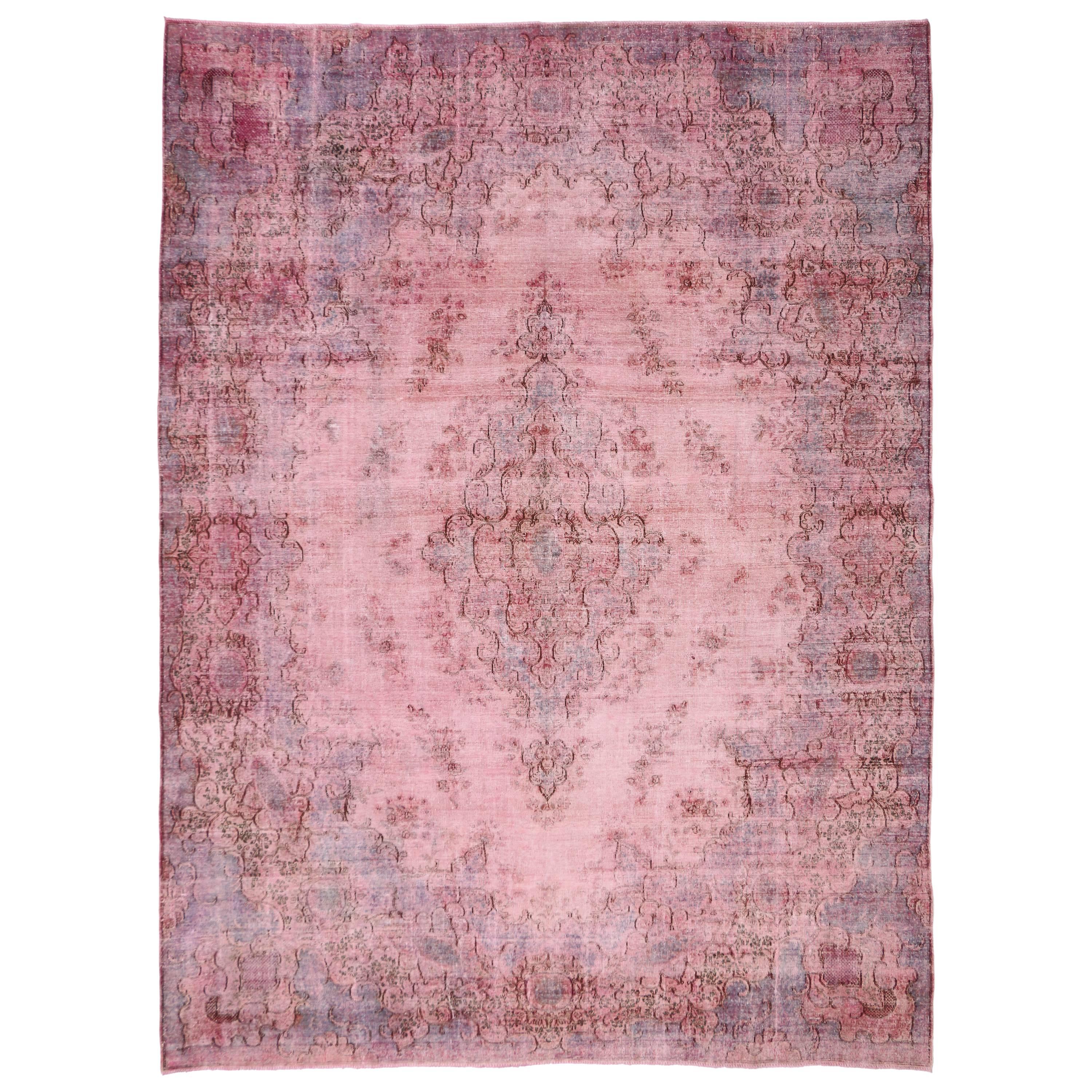 Distressed Pink Overdyed Vintage Persian Rug with Modern Industrial Style